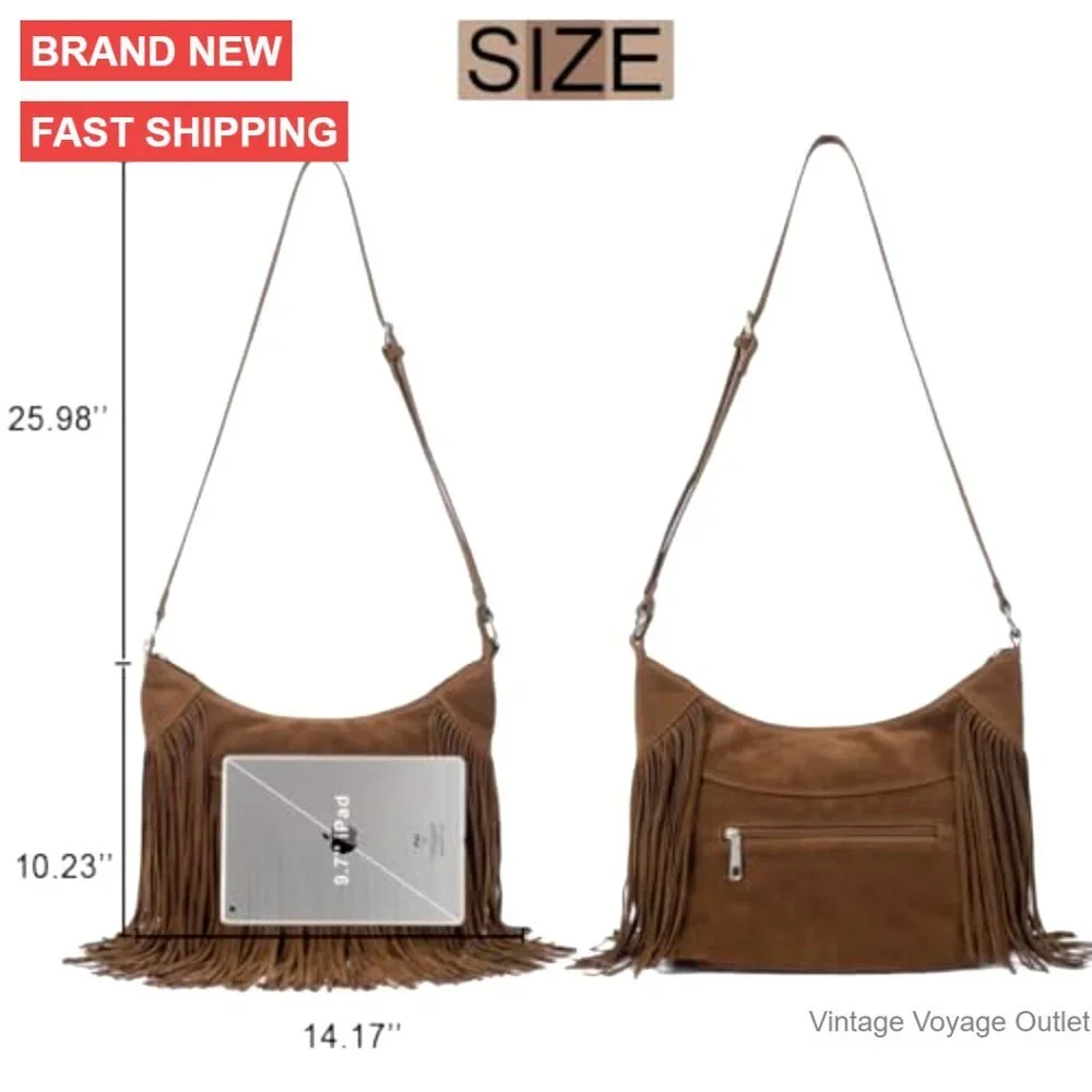 Fringe Hobo Bag Vegan Suede Crossbody Shoulder Purse Medium Size - Picture 5 of 7